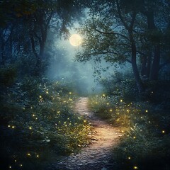 Mystical forest path glowing under full moon high resolution picture