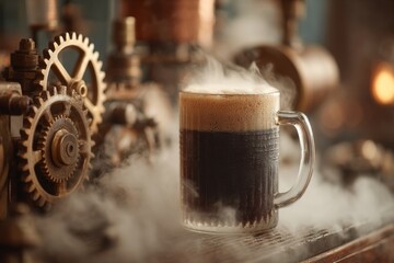 Steaming dark beverage in glass mug on wooden table with antique brass gears and machinery in background