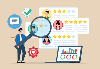 Interpreting client reviews and surveys, improving products and services concept vector illustration. Business analyst analyzing customer feedback