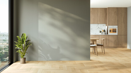 Modern interior design of apartment, kitchen, dining room with table and chairs, empty living room...