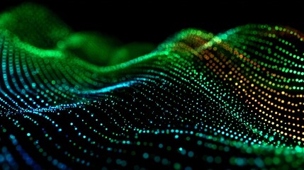 Vibrant digital wave of glowing particles creates a dynamic, futuristic abstract background with a sense of energy and motion