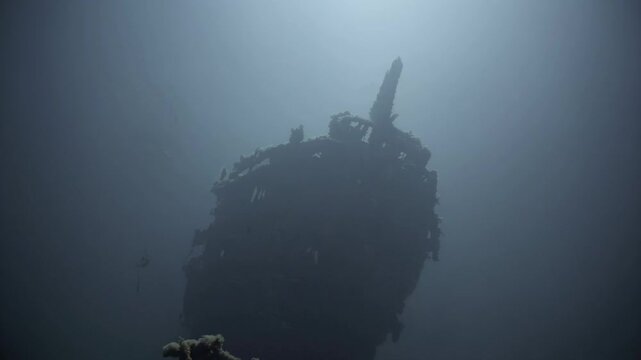 Decaying shipwreck resting on ocean floor, overgrown with marine vegetation, casting eerie shadows under diffused sunlight filtering through deep waters