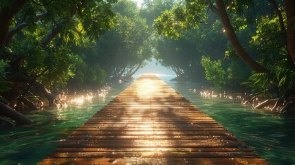 Sunlit wooden path through lush green forest