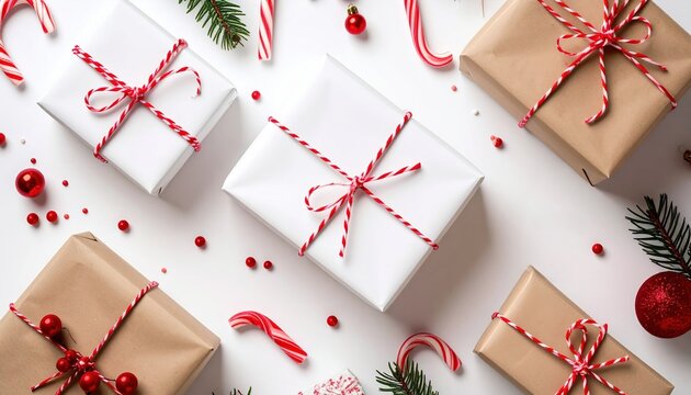Minimal flat lay of wrapped gifts in white and brown paper with red string surrounded by candy canes and ornaments symbolizing simple festive celebration tradition