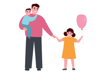 A father holding his daughter's hand, holding a child in his arms. Parental care and love. Vector flat graphics.