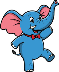 Fototapeta premium Blue elephant cartoon character walking with raised trunk and red bow tie vector illustration 