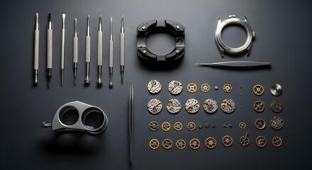 A disassembled mechanical watch with its intricate components and specialized tools meticulously arranged for assembly or repair.