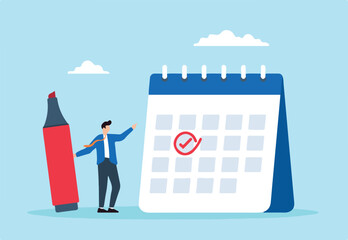 Flat illustration of businessman circle important date on calendar with highlighter marker event reminder appointment work deadline meeting schedule