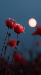 Obraz premium Vibrant red poppies silhouetted against a deep blue night sky with a glowing moon in the distance.