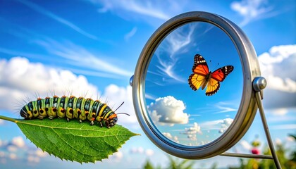 Caterpillar on leaf looking into mirror reflection as butterfly symbolizing metamorphosis hope change life cycle transformation and inspirational motivation concept