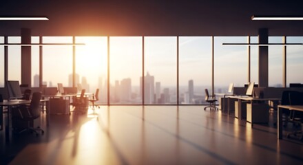 Obraz premium Modern Office Interior with City Skyline View at Sunset