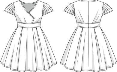 Technical fashion CAD drawing, flat vector illustration, front and back dress design, wrap V‑neckline, pleated sleeves, waistband, A‑line skirt, garment construction details