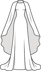 Elegant floor length evening gown with flowing cape, formal fashion dress design, minimalist silhouette style, luxury couture clothing, high fashion garment illustration