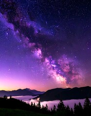 Fototapeta premium Night sky over misty mountains