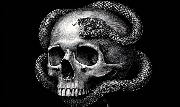 A detailed grayscale skull with a coiled snake