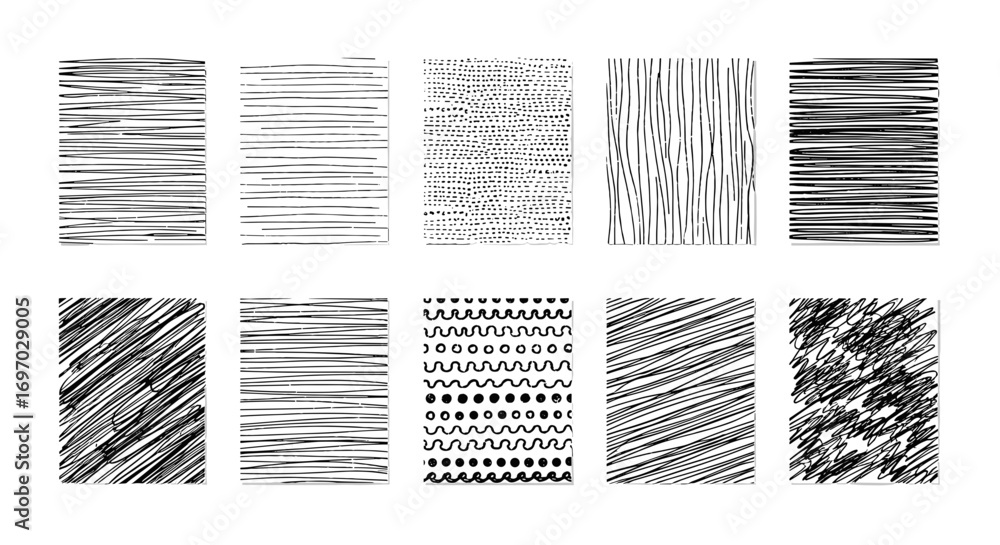 Poster ten rectangular panels displaying varied black and white line patterns