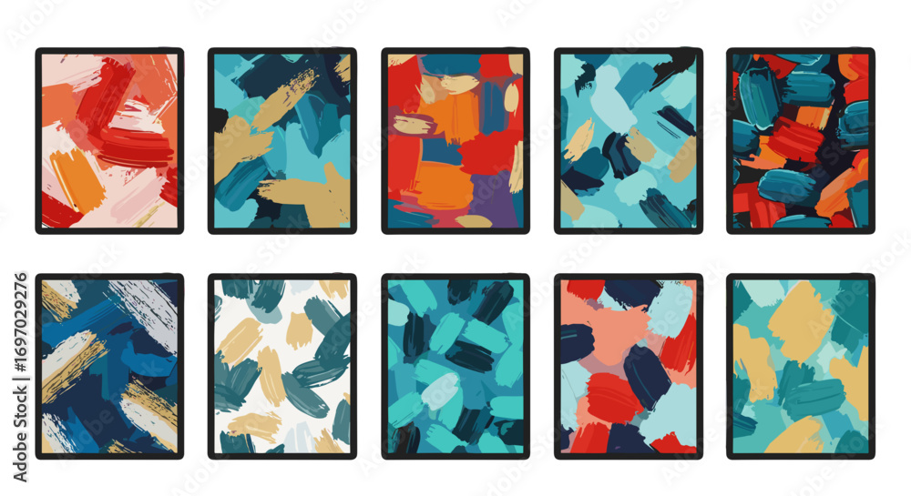 Poster collection of tablets displaying abstract brushstroke art in various hues