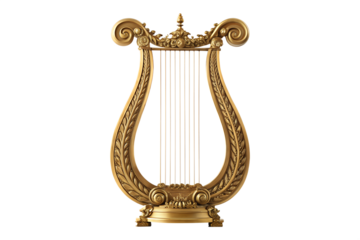 Exquisite antique golden lyre harp with intricate floral carvings, a symbol of music and ancient artistry, isolated on a white background