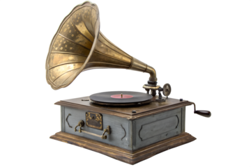 Vintage Golden Gramophone on White A Detailed View of an Antique Music Player with Horn and Record on a White Backdrop