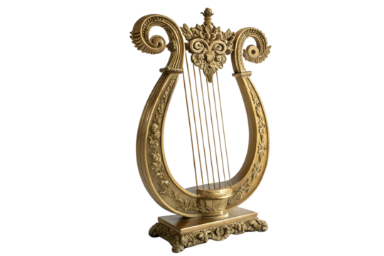A majestic and ornate golden lyre featuring intricate floral details and classical design, a vintage stringed instrument on an isolated background