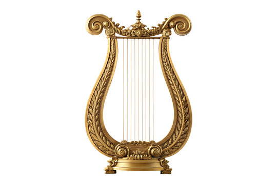 Exquisite antique golden lyre harp with intricate floral carvings, a symbol of music and ancient artistry, isolated on a white background
