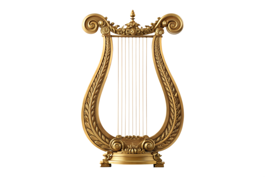 Exquisite antique golden lyre harp with intricate floral carvings, a symbol of music and ancient artistry, isolated on a white background