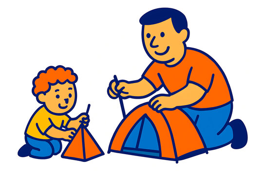 Father and son adventure as they construct a cozy tent together