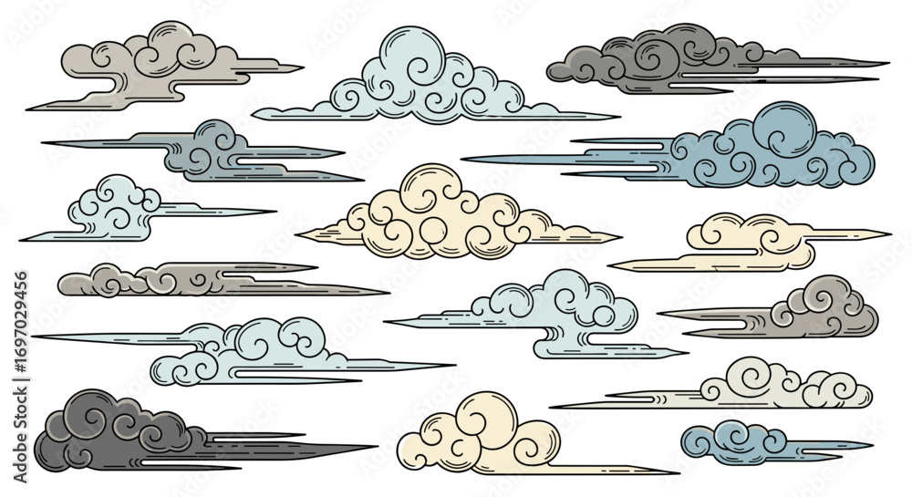 Poster collection of stylized clouds in various shapes and color variations