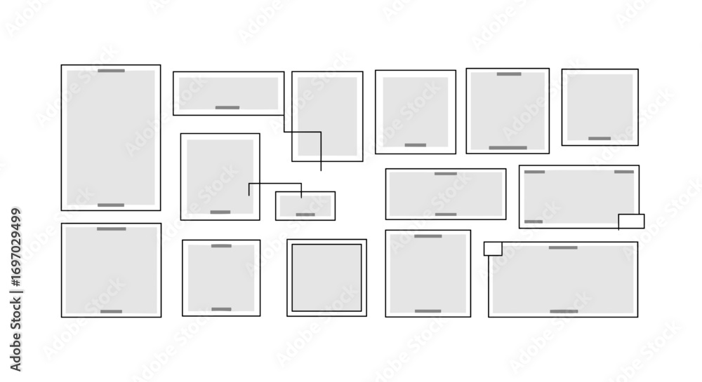 Poster arrangement of rectangular shapes with small lines on a white background