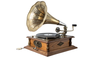 Ornate vintage gramophone with a golden horn and a classic vinyl record, embodying nostalgic audio technology and timeless musical heritage