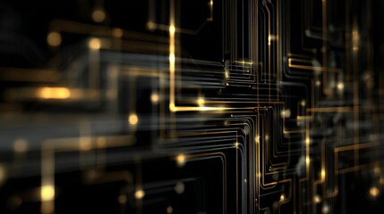 Dynamic golden circuit board pathways illuminate with futuristic digital glow, representing complex data flow and innovation.