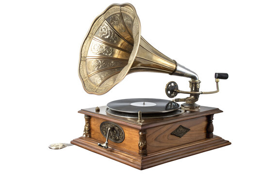 Ornate vintage gramophone with a golden horn and a classic vinyl record, embodying nostalgic audio technology and timeless musical heritage