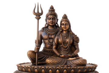 Hindu bronze statue of Lord Shiva and Goddess Parvati with Trishul, representing divine union and spiritual harmony