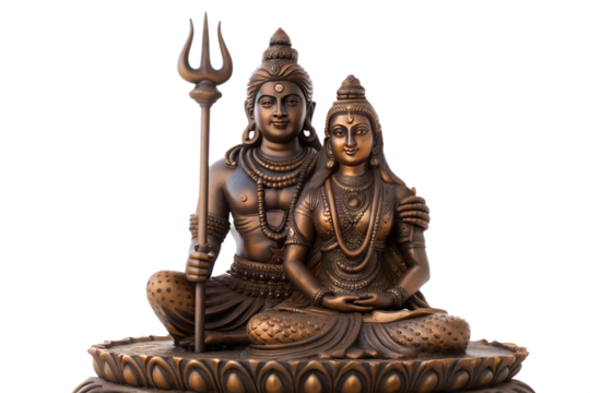 Hindu bronze statue of Lord Shiva and Goddess Parvati with Trishul, representing divine union and spiritual harmony