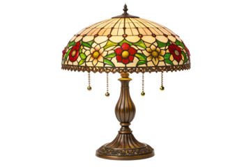 Elegant stained glass table lamp with an intricate floral design of red and yellow flowers. This vintage-inspired art nouveau lighting fixture sits on an ornate base