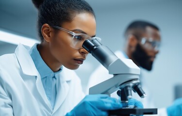 African American researchers advancing science in modern lab with advanced microscope; teamwork, collaboration, innovation