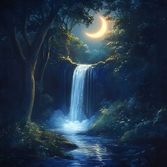 Mystical night scene with waterfall high resolution picture
