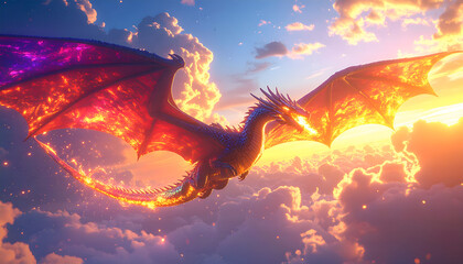 Fototapeta premium Majestic 5D Vibrant Dragon Illustration | Epic Fantasy Creature with Glowing Neon Wings and Magical Flames 