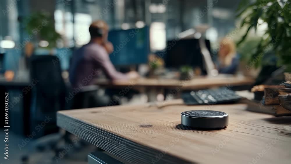 Poster medium shot emphasizing an accessible voiceactivated device on desk blurred worker head and ambient 