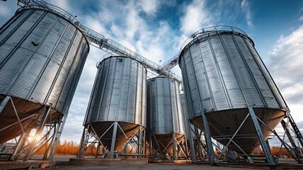 Large metal grain silos on farmland used for agricultural crop storage