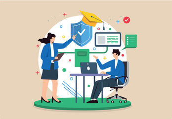 Flat illustration of woman educating man on cybersecurity best practices for cyber hygiene