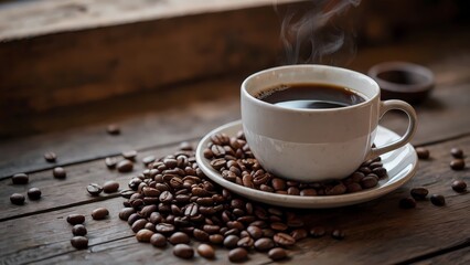 Fototapeta premium Close-up of steaming cup of black coffee surrounded by roasted beans on rustic wooden table, cozy warm atmosphere for stock use