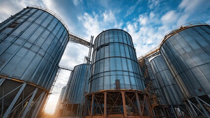 Large metal grain silos on farmland used for agricultural crop storage
