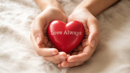 Obraz premium Hands holding a red heart with the words Love Always, symbolizing love and affection in a cozy setting - AI Generated Digital Art