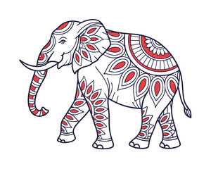 Ornate Elephant Vector Illustration with Red Accents Detailed Line Art Design for Cultural and Artistic Projects
