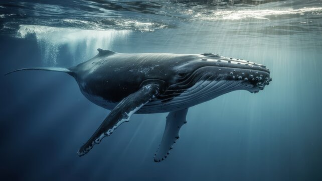 Majestic humpback whale swimming gracefully in deep ocean waters, showcasing its beauty and elegance in a serene underwater environment - AI Generated Digital Art - Powered by Adobe