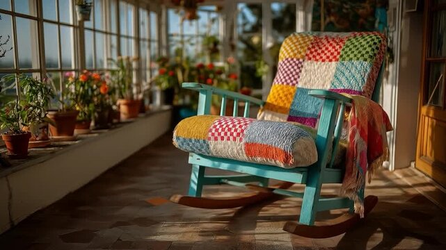 Serene Porch Stillness: An inviting, vintage, weathered rocking chair sits patiently beneath sunlit windows, a colorful patchwork quilt adding a touch of vibrant comfort.