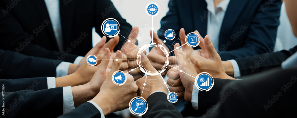 Poster office worker team stacking hand together symbolize successful group of business partnership and str