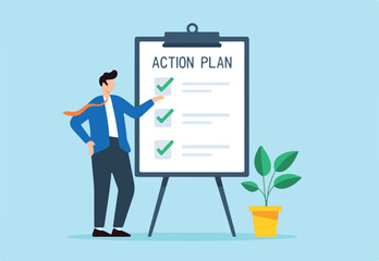 Flat illustration of businessman present action plan with checklist step on whiteboard to complete work and finish project procedure