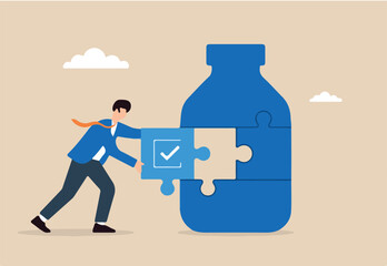 Flat illustration of quality control manager placing checklist puzzle piece into product bottle shape for compliance check